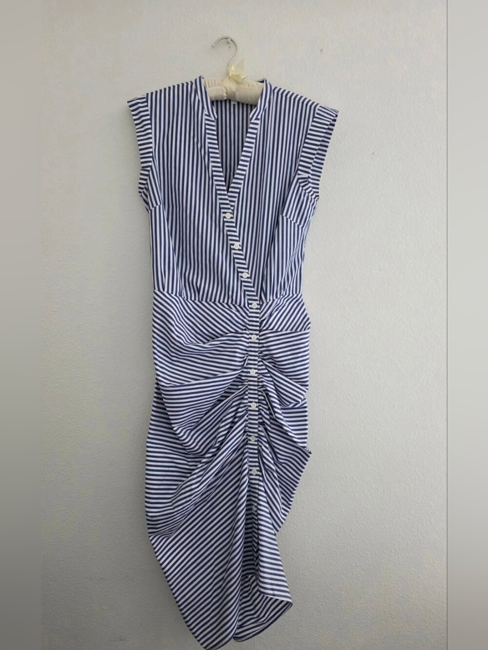 Veronica Beard Womens Ruched Shirt Dress In Blue & White Stripe 100% Cotton Sz 4 - Picture 2 of 16